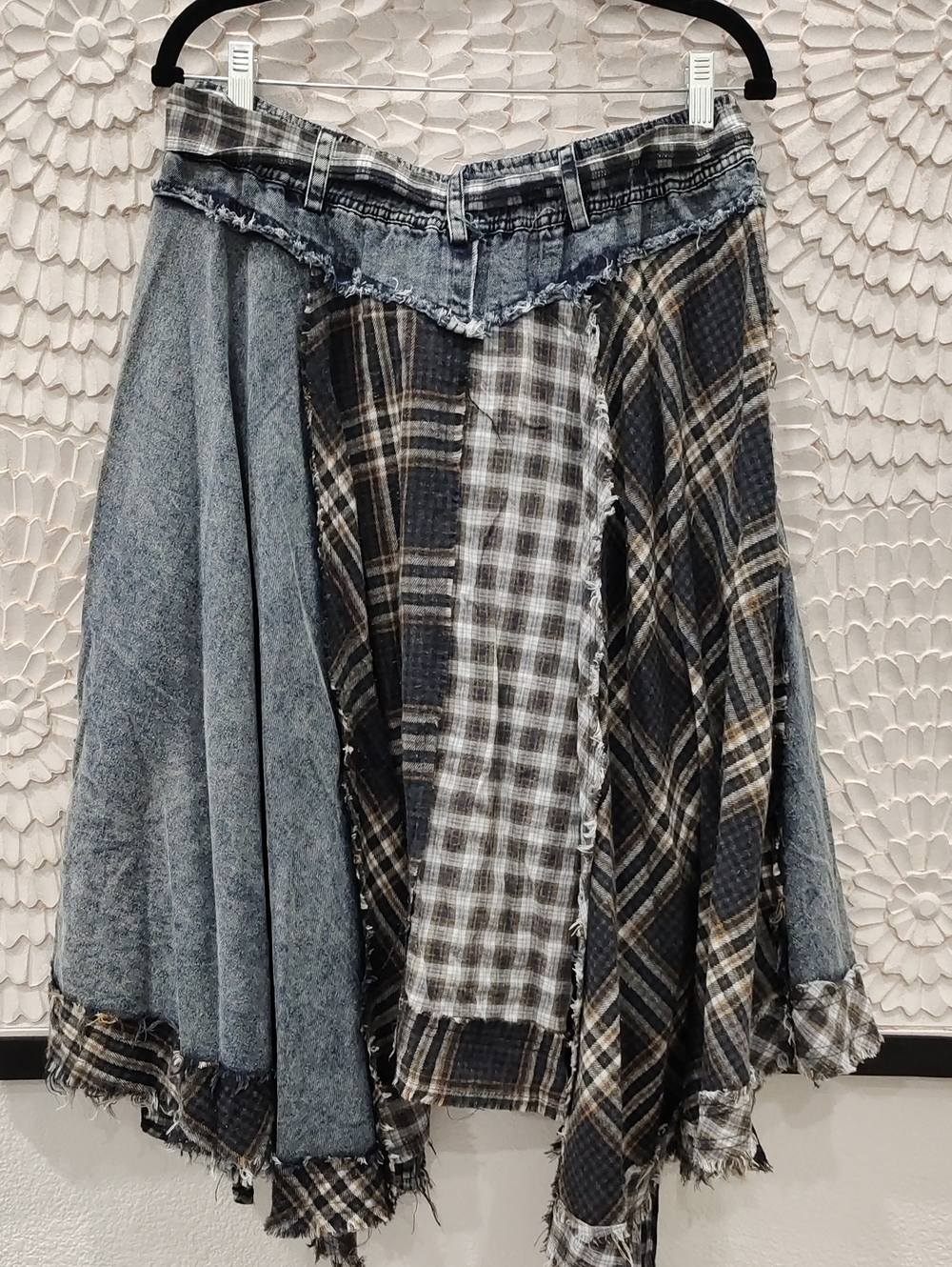 Boho Patchwork Plaid Assymetrical Denim Skirt - Blue - Picture 7 of 10